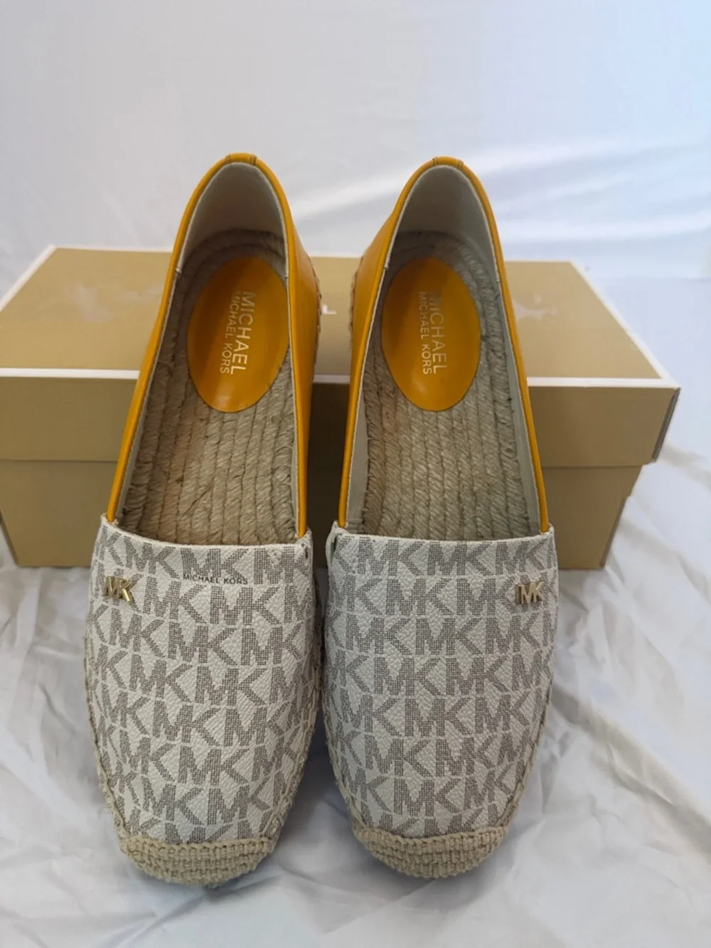 Michael Kors MK Logo Espadrille Flats in White and Tan with Yellow Trim
